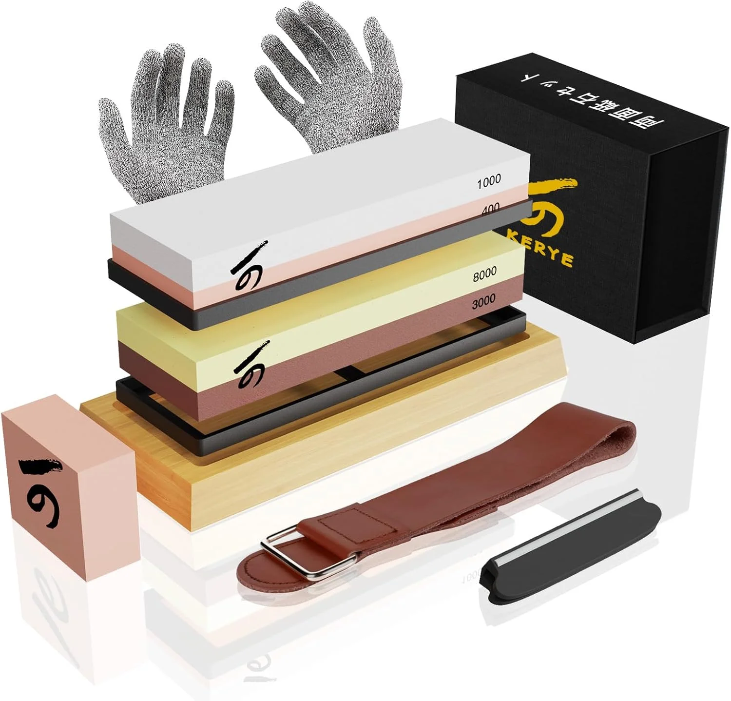 Kerye Professional Japanese Whetstone Knife Sharpener Kit (400/1000 3000/8000 Grit)
