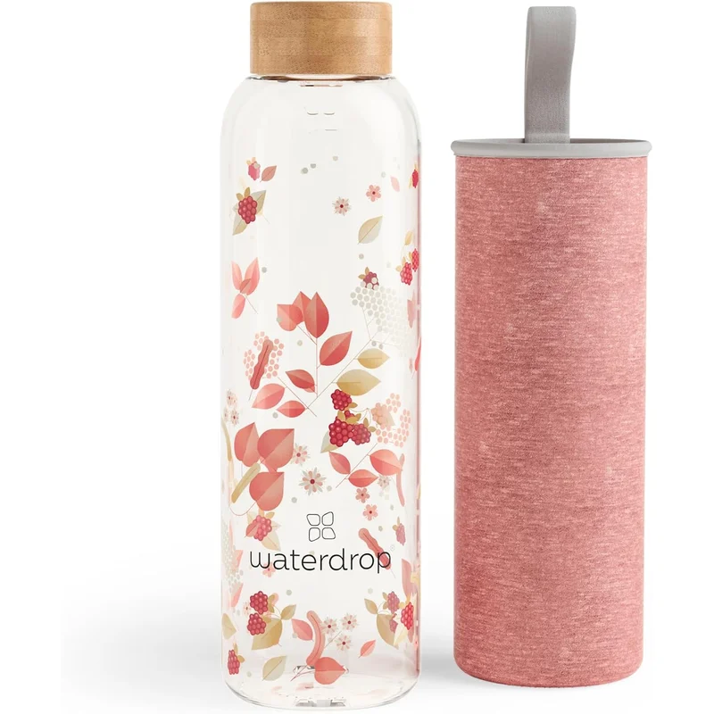 Waterdrop Glass Bottle 34oz (borosilicate, bamboo lid, neoprene sleeve)